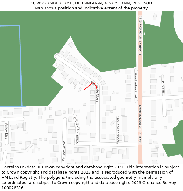 9, WOODSIDE CLOSE, DERSINGHAM, KING'S LYNN, PE31 6QD: Location map and indicative extent of plot