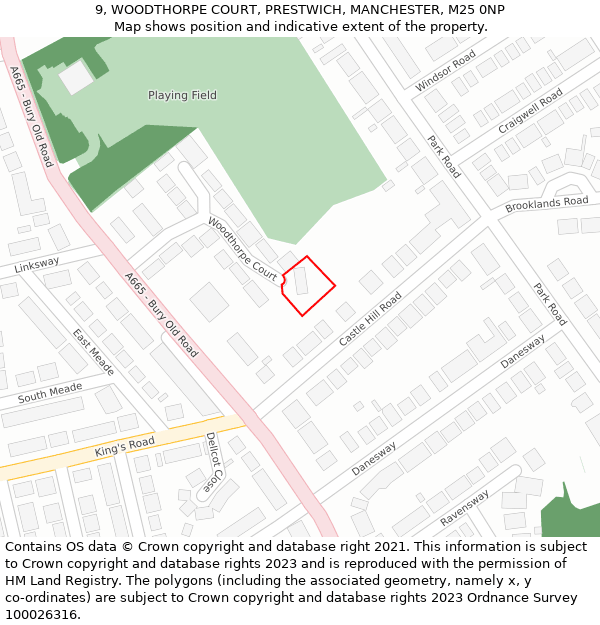 9, WOODTHORPE COURT, PRESTWICH, MANCHESTER, M25 0NP: Location map and indicative extent of plot