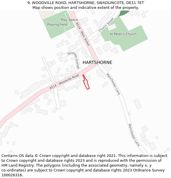 9, WOODVILLE ROAD, HARTSHORNE, SWADLINCOTE, DE11 7ET: Location map and indicative extent of plot