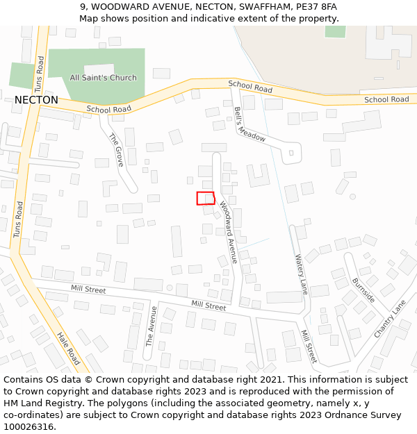 9, WOODWARD AVENUE, NECTON, SWAFFHAM, PE37 8FA: Location map and indicative extent of plot