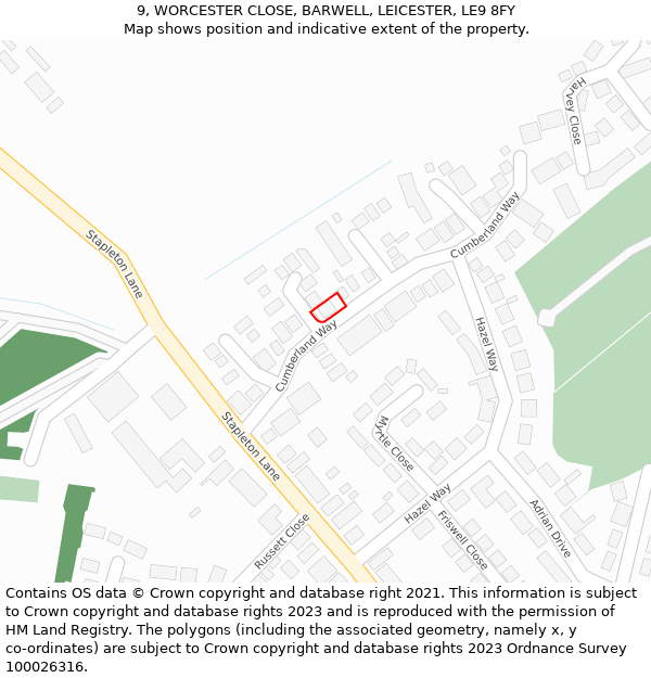 9, WORCESTER CLOSE, BARWELL, LEICESTER, LE9 8FY: Location map and indicative extent of plot