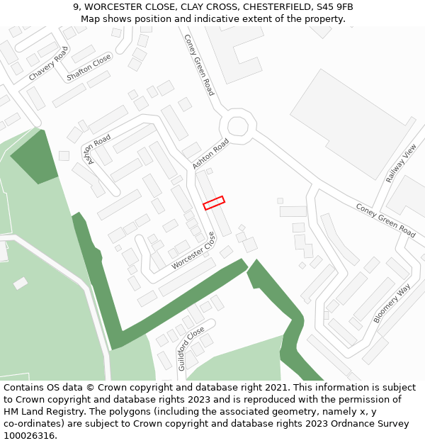 9, WORCESTER CLOSE, CLAY CROSS, CHESTERFIELD, S45 9FB: Location map and indicative extent of plot