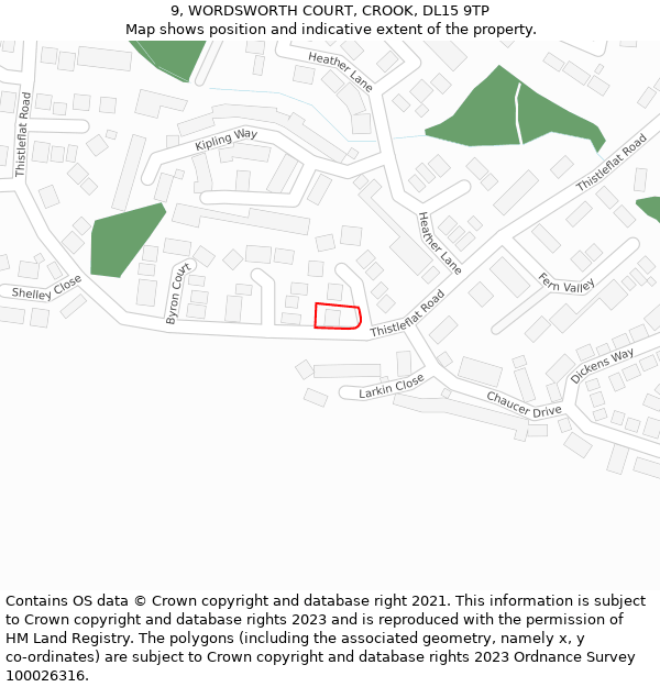 9, WORDSWORTH COURT, CROOK, DL15 9TP: Location map and indicative extent of plot