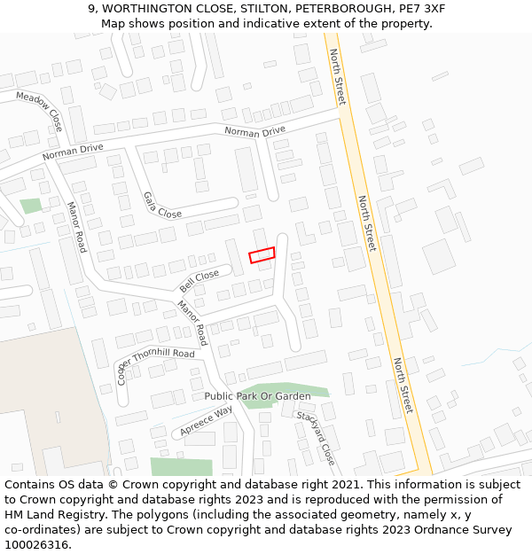 9, WORTHINGTON CLOSE, STILTON, PETERBOROUGH, PE7 3XF: Location map and indicative extent of plot