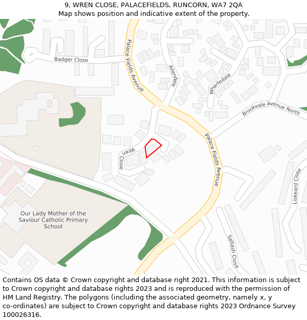 9, WREN CLOSE, PALACEFIELDS, RUNCORN, WA7 2QA: Location map and indicative extent of plot