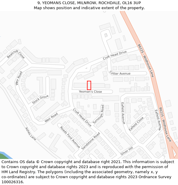 9, YEOMANS CLOSE, MILNROW, ROCHDALE, OL16 3UP: Location map and indicative extent of plot