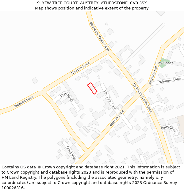 9, YEW TREE COURT, AUSTREY, ATHERSTONE, CV9 3SX: Location map and indicative extent of plot