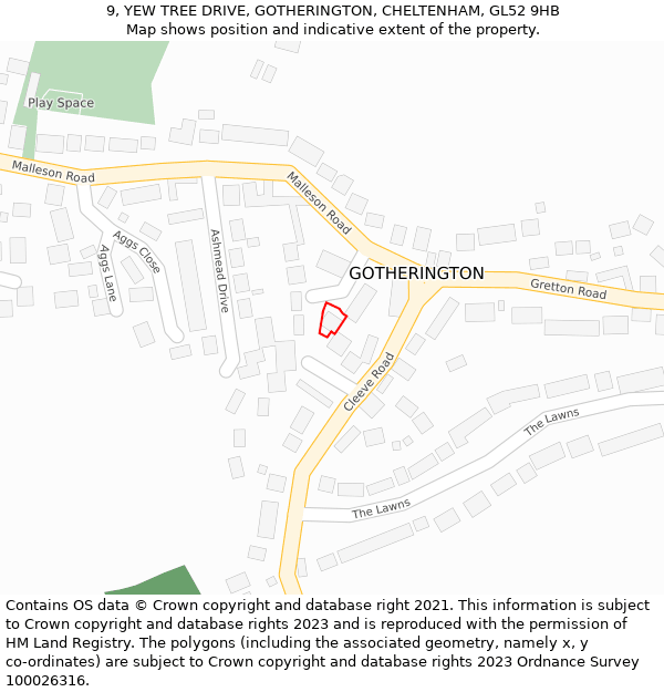 9, YEW TREE DRIVE, GOTHERINGTON, CHELTENHAM, GL52 9HB: Location map and indicative extent of plot
