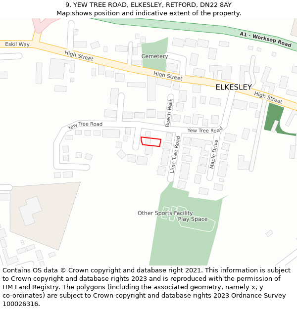 9, YEW TREE ROAD, ELKESLEY, RETFORD, DN22 8AY: Location map and indicative extent of plot
