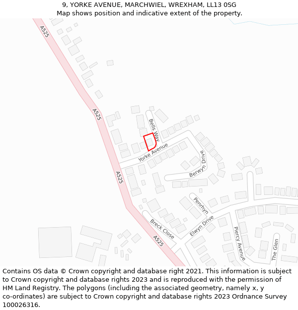 9, YORKE AVENUE, MARCHWIEL, WREXHAM, LL13 0SG: Location map and indicative extent of plot