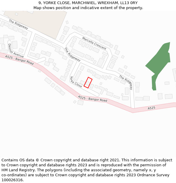 9, YORKE CLOSE, MARCHWIEL, WREXHAM, LL13 0RY: Location map and indicative extent of plot