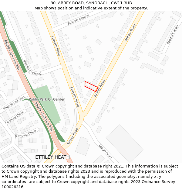 90, ABBEY ROAD, SANDBACH, CW11 3HB: Location map and indicative extent of plot