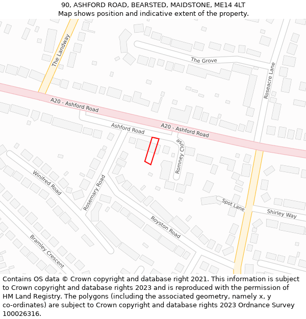 90, ASHFORD ROAD, BEARSTED, MAIDSTONE, ME14 4LT: Location map and indicative extent of plot