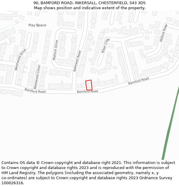 90, BAMFORD ROAD, INKERSALL, CHESTERFIELD, S43 3DS: Location map and indicative extent of plot
