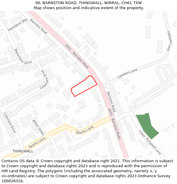 90, BARNSTON ROAD, THINGWALL, WIRRAL, CH61 7XW: Location map and indicative extent of plot