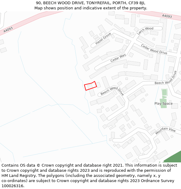 90, BEECH WOOD DRIVE, TONYREFAIL, PORTH, CF39 8JL: Location map and indicative extent of plot