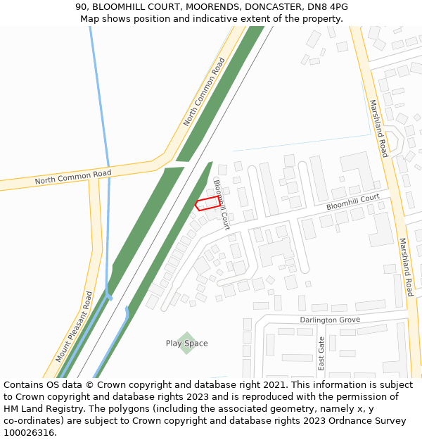 90, BLOOMHILL COURT, MOORENDS, DONCASTER, DN8 4PG: Location map and indicative extent of plot