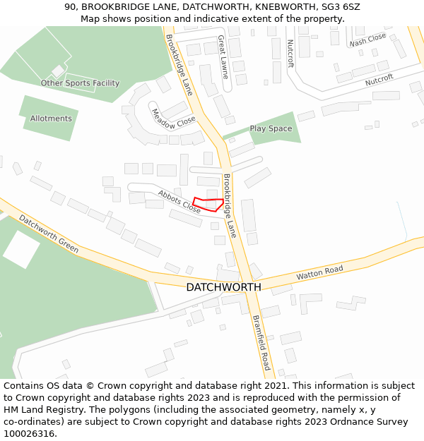 90, BROOKBRIDGE LANE, DATCHWORTH, KNEBWORTH, SG3 6SZ: Location map and indicative extent of plot