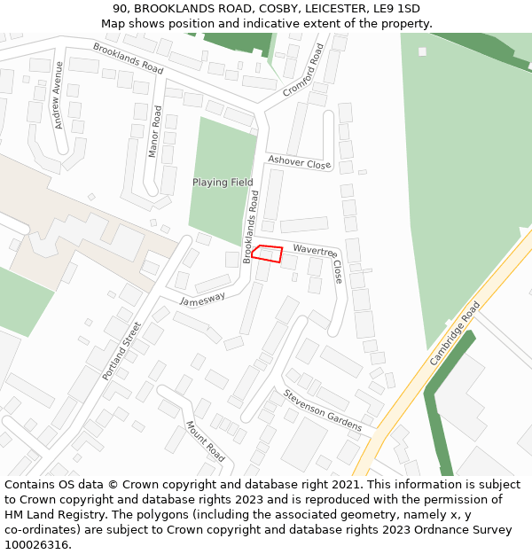 90, BROOKLANDS ROAD, COSBY, LEICESTER, LE9 1SD: Location map and indicative extent of plot