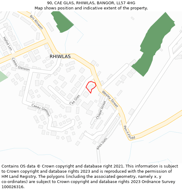 90, CAE GLAS, RHIWLAS, BANGOR, LL57 4HG: Location map and indicative extent of plot