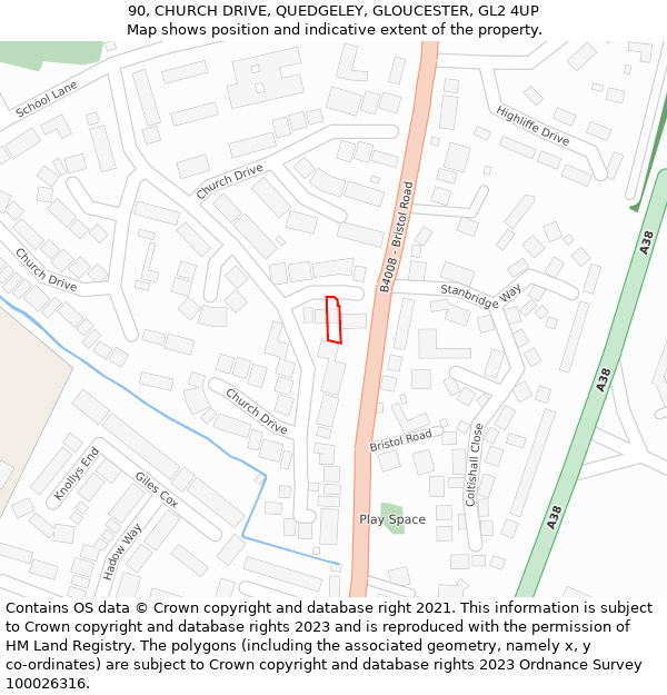 90, CHURCH DRIVE, QUEDGELEY, GLOUCESTER, GL2 4UP: Location map and indicative extent of plot