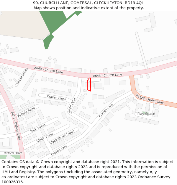 90, CHURCH LANE, GOMERSAL, CLECKHEATON, BD19 4QL: Location map and indicative extent of plot