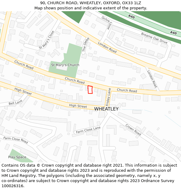 90, CHURCH ROAD, WHEATLEY, OXFORD, OX33 1LZ: Location map and indicative extent of plot