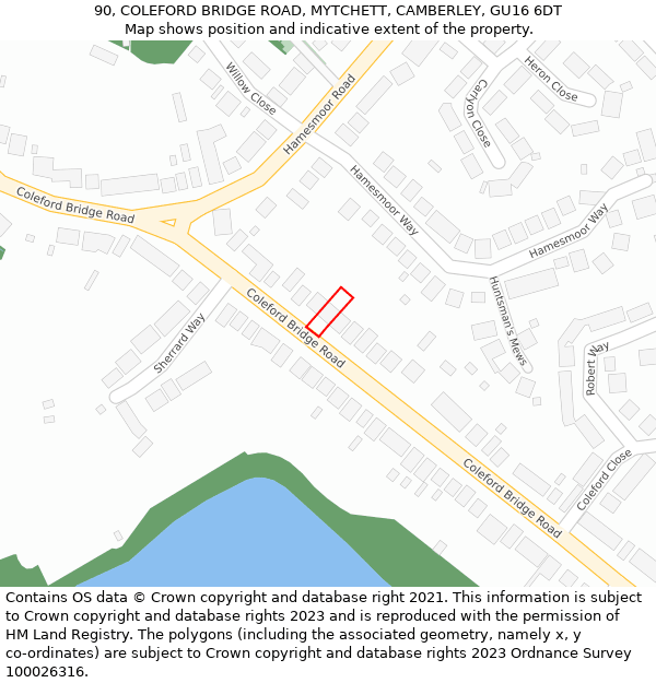 90, COLEFORD BRIDGE ROAD, MYTCHETT, CAMBERLEY, GU16 6DT: Location map and indicative extent of plot