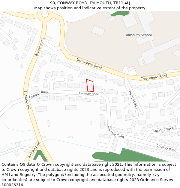 90, CONWAY ROAD, FALMOUTH, TR11 4LJ: Location map and indicative extent of plot