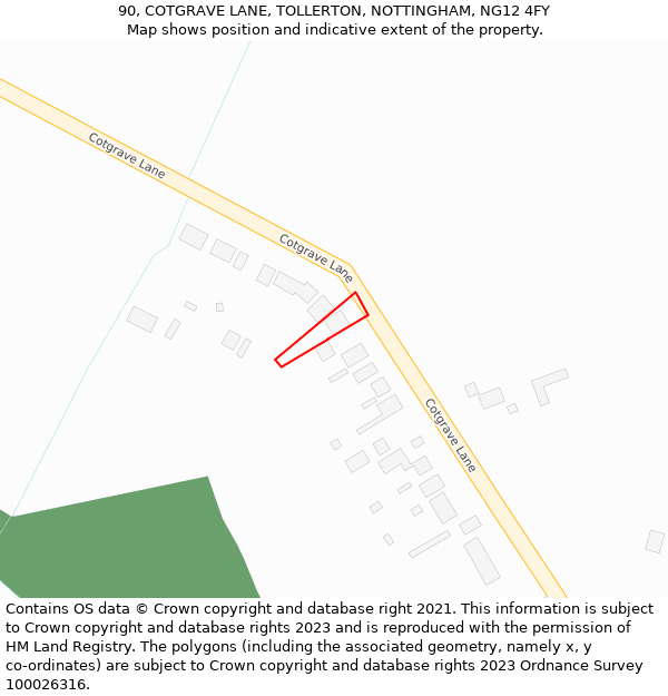 90, COTGRAVE LANE, TOLLERTON, NOTTINGHAM, NG12 4FY: Location map and indicative extent of plot