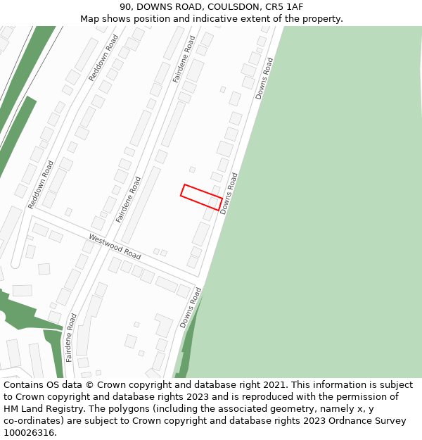 90, DOWNS ROAD, COULSDON, CR5 1AF: Location map and indicative extent of plot