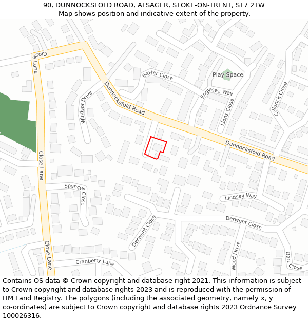 90, DUNNOCKSFOLD ROAD, ALSAGER, STOKE-ON-TRENT, ST7 2TW: Location map and indicative extent of plot