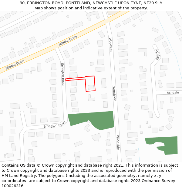 90, ERRINGTON ROAD, PONTELAND, NEWCASTLE UPON TYNE, NE20 9LA: Location map and indicative extent of plot