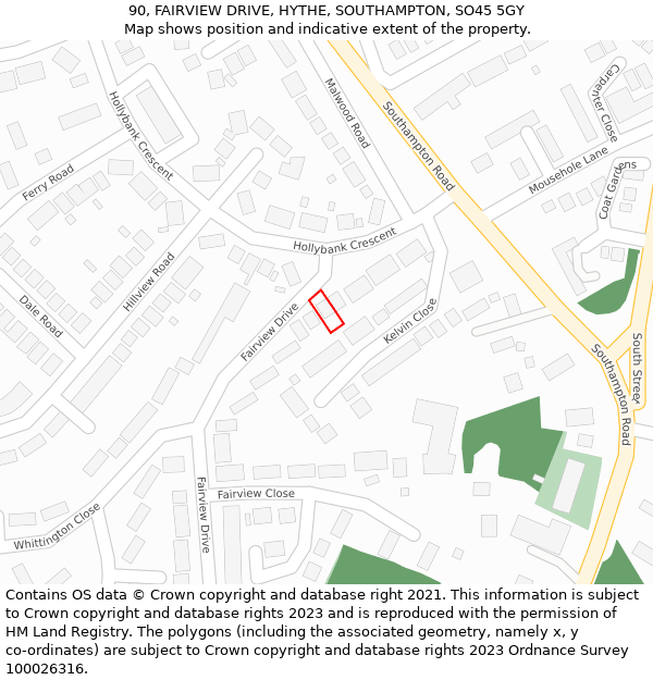 90, FAIRVIEW DRIVE, HYTHE, SOUTHAMPTON, SO45 5GY: Location map and indicative extent of plot