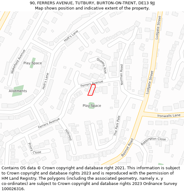 90, FERRERS AVENUE, TUTBURY, BURTON-ON-TRENT, DE13 9JJ: Location map and indicative extent of plot