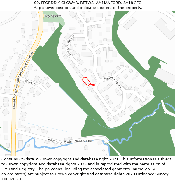 90, FFORDD Y GLOWYR, BETWS, AMMANFORD, SA18 2FG: Location map and indicative extent of plot