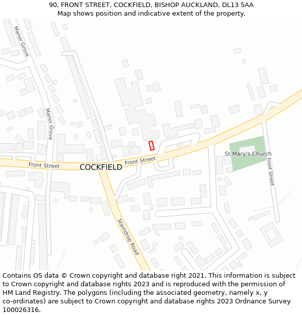 90, FRONT STREET, COCKFIELD, BISHOP AUCKLAND, DL13 5AA: Location map and indicative extent of plot