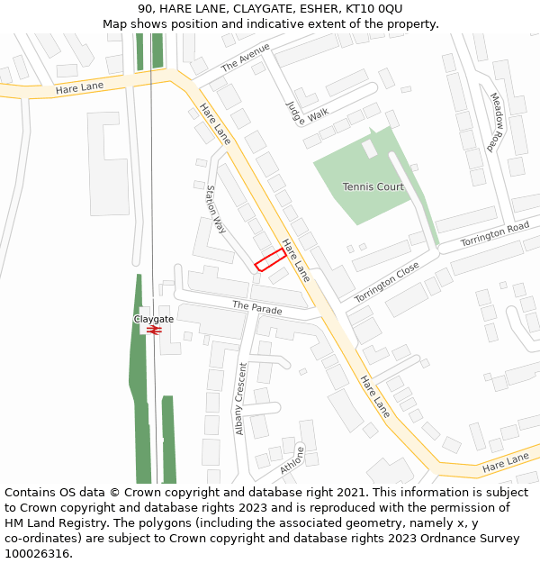 90, HARE LANE, CLAYGATE, ESHER, KT10 0QU: Location map and indicative extent of plot