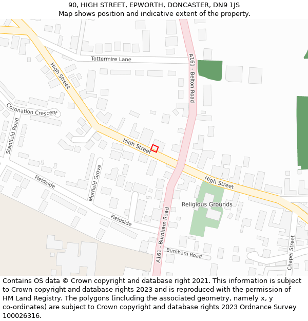 90, HIGH STREET, EPWORTH, DONCASTER, DN9 1JS: Location map and indicative extent of plot