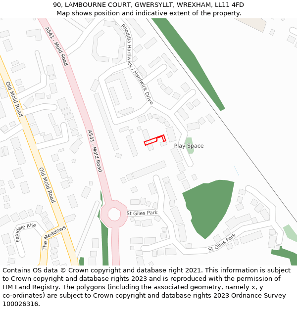 90, LAMBOURNE COURT, GWERSYLLT, WREXHAM, LL11 4FD: Location map and indicative extent of plot