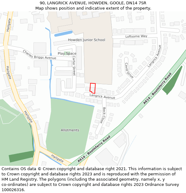 90, LANGRICK AVENUE, HOWDEN, GOOLE, DN14 7SR: Location map and indicative extent of plot