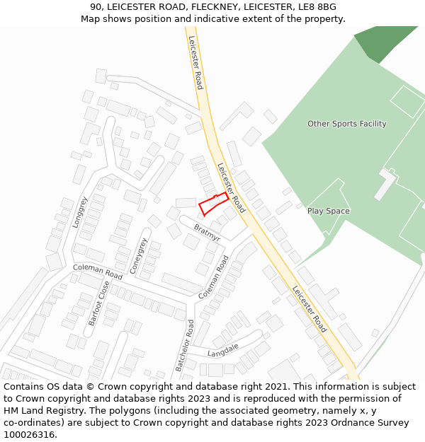 90, LEICESTER ROAD, FLECKNEY, LEICESTER, LE8 8BG: Location map and indicative extent of plot