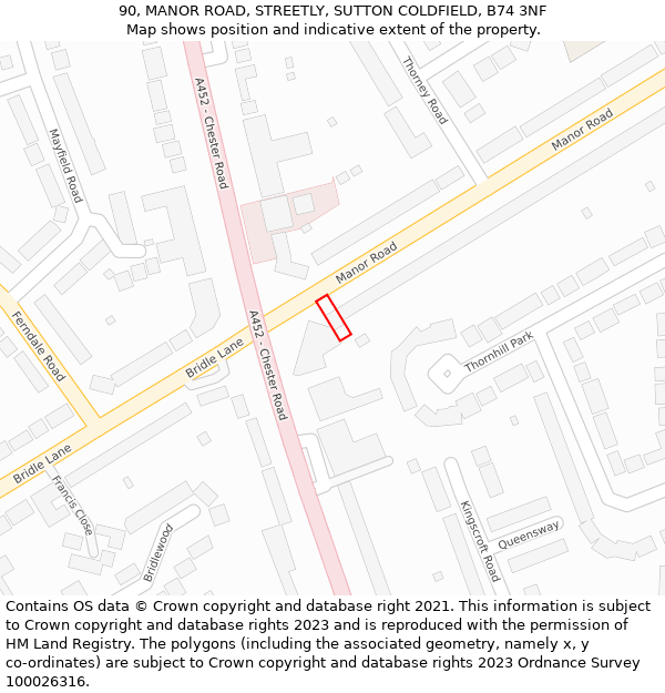 90, MANOR ROAD, STREETLY, SUTTON COLDFIELD, B74 3NF: Location map and indicative extent of plot