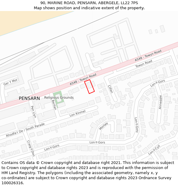 90, MARINE ROAD, PENSARN, ABERGELE, LL22 7PS: Location map and indicative extent of plot