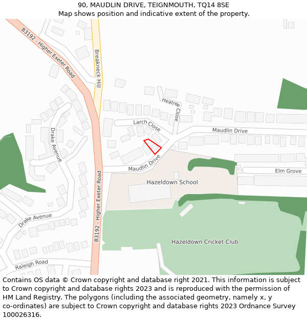 90, MAUDLIN DRIVE, TEIGNMOUTH, TQ14 8SE: Location map and indicative extent of plot