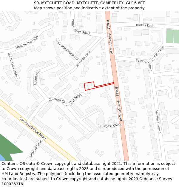 90, MYTCHETT ROAD, MYTCHETT, CAMBERLEY, GU16 6ET: Location map and indicative extent of plot