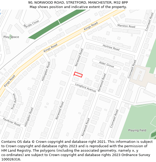 90, NORWOOD ROAD, STRETFORD, MANCHESTER, M32 8PP: Location map and indicative extent of plot