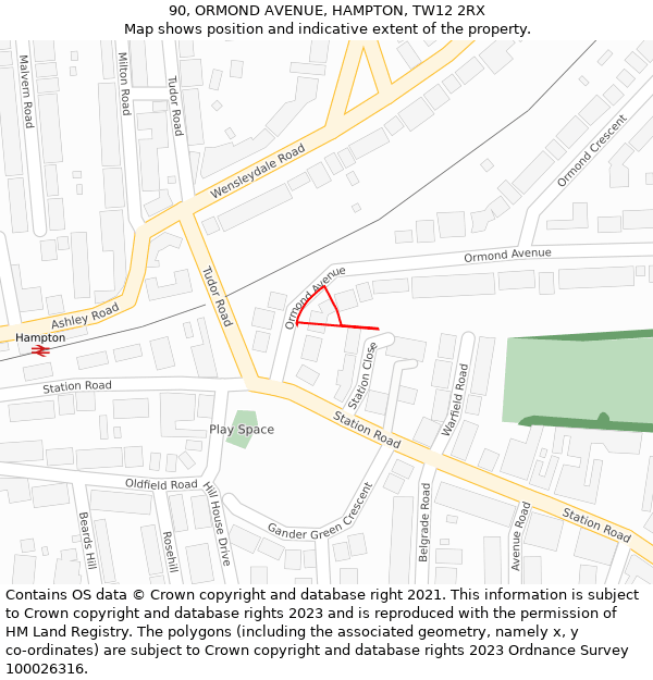 90, ORMOND AVENUE, HAMPTON, TW12 2RX: Location map and indicative extent of plot