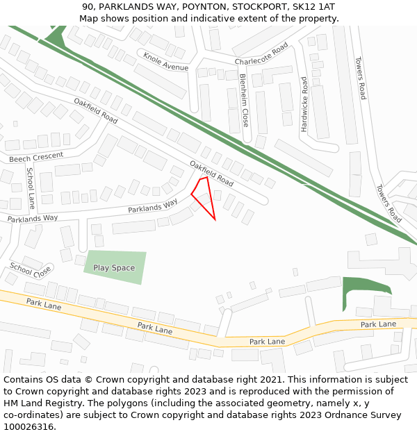 90, PARKLANDS WAY, POYNTON, STOCKPORT, SK12 1AT: Location map and indicative extent of plot