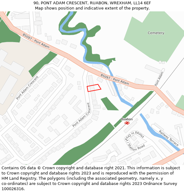 90, PONT ADAM CRESCENT, RUABON, WREXHAM, LL14 6EF: Location map and indicative extent of plot